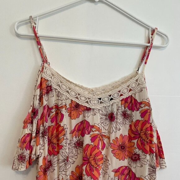 FOREVER 21 Cream Beige Pink Orange Floral Crochet Lace Cold Shoulder Crop Top M - Picture 2 of 11